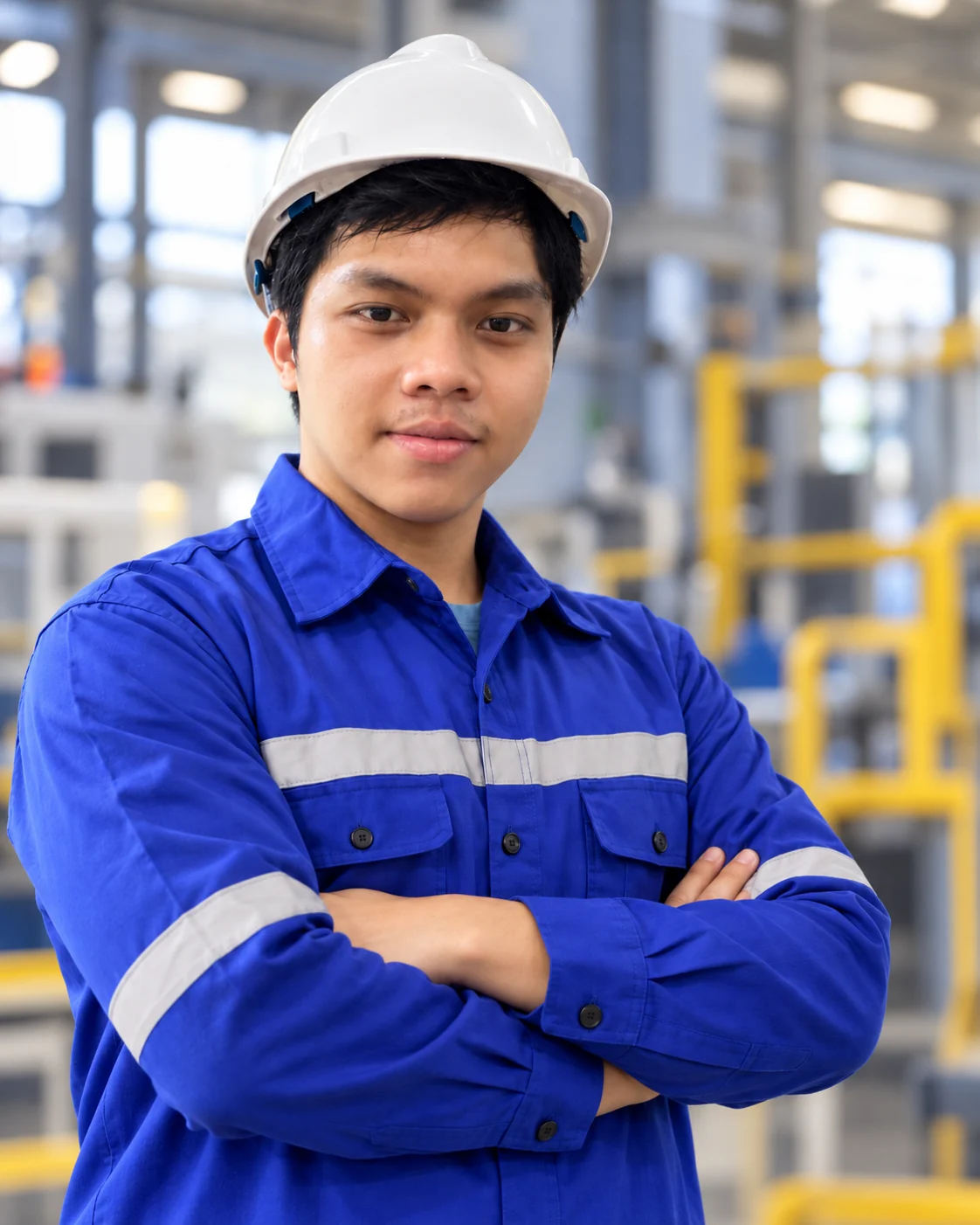 Gregorius Revo in blue manufacturing workwear and a white safety helmet